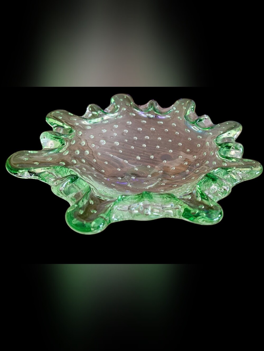 MCM Emerald Green Hand-Blown Controlled Bubble Glass Ruffled Bowl